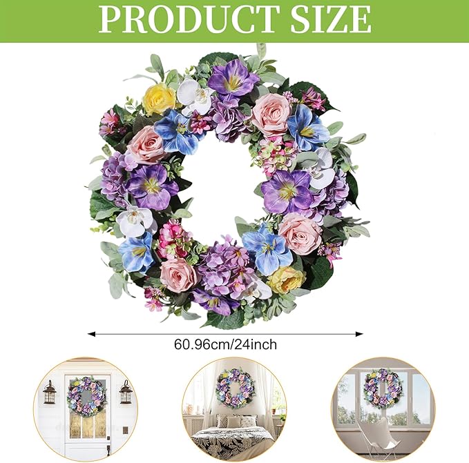 24 Inch Spring Summer Wreaths for Front Door, Spring Summer Door Wreaths, Artifical Floral Flowers Wreath with Purple Hydrangea,Pink Rose,Blue Tulip,Large Wreaths for Spring Summer Outdoor Home Decor