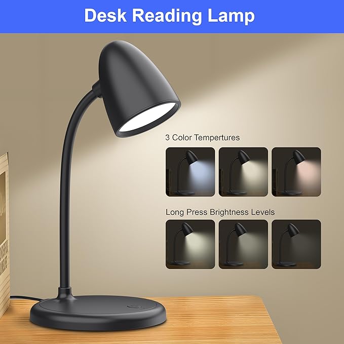 LED Desk Lamp for Home Office,3 Light Colors,Table Lamp,Dimmable Reading Light for Bedside Small Desk Lamp for College Dorm Room,Bedroom Desk Light,Black