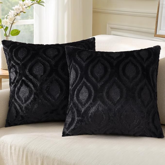decorUhome Throw Pillow Covers 26x26 Inch Set of 2, Soft Plush Faux Wool Black Solid Couch Pillow Covers, Accent Farmhouse Neutral Square Pillow Cases for Sofa Bed Living Room