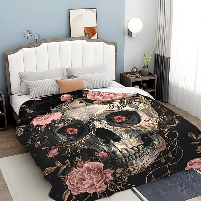 Tijuboni Skull Roses Throw Blanket Skull Gifts for Girls Boys Women Men Kids Adults Soft Flannel Fleece Blanket for Couch Sofa Bed Home Decor 60"x80"
