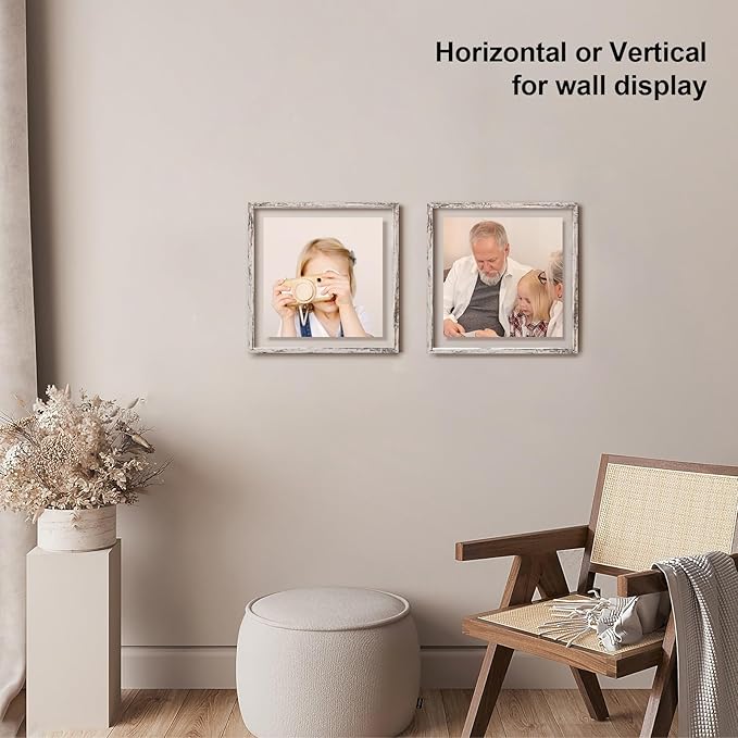 Egofine Distressed White 12x12 Floating Frames Set of 2, Double Plexiglass Picture Frame, Made of Solid Wood Display Any Size Photo up to 12x12, Wall Mount or Tabletop Standing