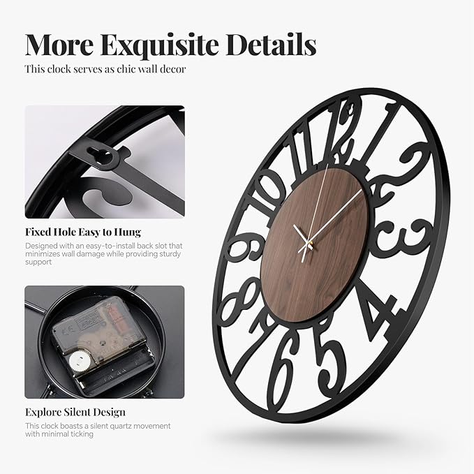 Modern Wall Clock Battery Operated, 16 inch Round Big Wood Decorative Metal Wall Clocks for Living Room, Non Ticking Silent Black Clock, Bedroom, Kitchen, Office Decor-Arabic Numerals