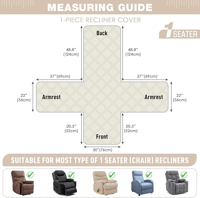 TAOCOCO Waterproof Recliner Chair Covers 30 Inch Wide, Oversized Recliner Covers for Recliner Chair with Pocket, Recliner Slipcovers with Straps Furniture Protector for Kids Pets (30'', Cream)