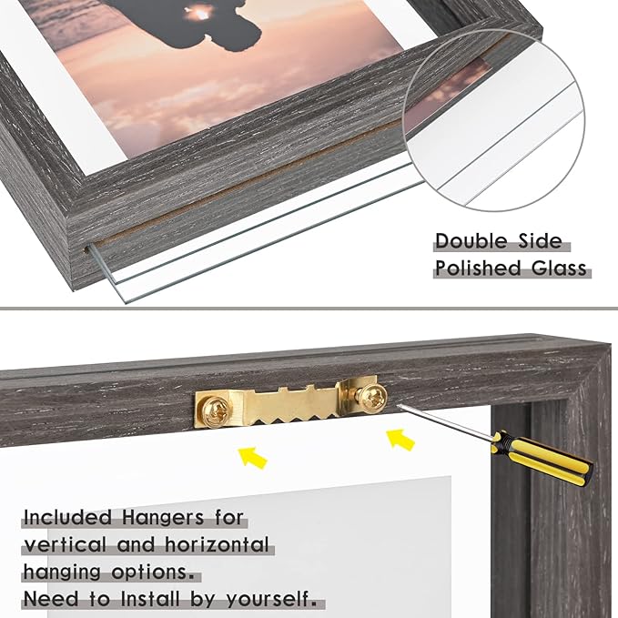 MUYE Square 12x12 Floating Frame in Gray,Double Glass Picture Frame for Wall Mount or Tabletop Standing with Hanging Hardware Included,Display Photo up to 12x12,2 Pack