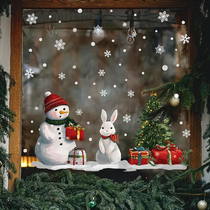 Christmas Snowman and Rabbit Wall Decals Stickers — Winter Scene with Gift Boxes and Christmas Tree Removable Vinyl Wall Decor for Living Room, Bedroom, Office, Holiday Decoration