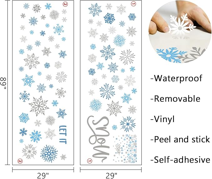 Mfault Winter Blue Grey Snowflake Wall Decals Stickers, Let It Snow Decorations Bedroom Art, Christmas Seasonal Home Living Room Kitchen Decor