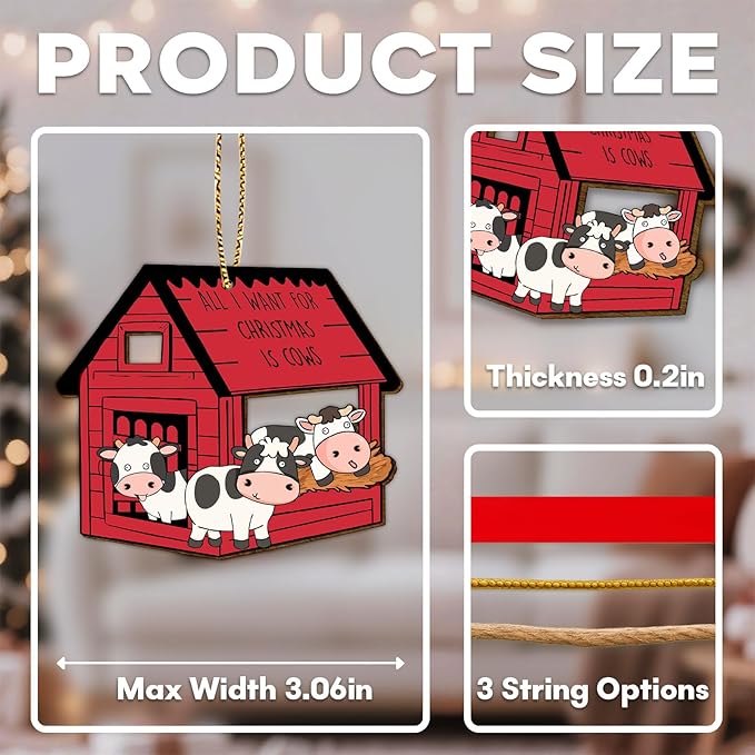 34HD Cow Barn Christmas Ornament 2025 – Wooden 2-Layered Hanging Xmas Tree Ornament Decoration, Funny Farm House Decor and Christmas Keepsake Gifts for Cow Lovers and Women