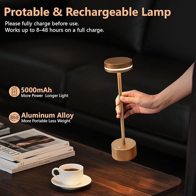 Cordless Table Lamp Rechargeable, Touch Desk Lamp - 5000mAh Battery, 3 Color Dimmable Led Light, Small Portable Aluminum Light for Outdoor/Patio/Dining/Tabletop/Bar/Office, Home Decor