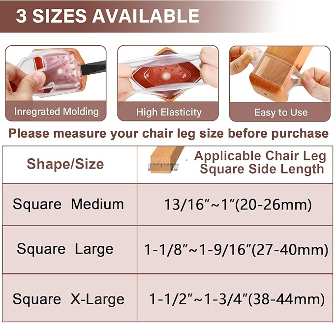 Chair Leg Floor Protectors Square Chair Leg Protectors for Hardwood Floors Silicone Caps Felt Strengthen Bottom Protection Anti-Scratch Reduce Noise 16 Pack Clear Square M Fit:13/16" to 1" (20-26mm)