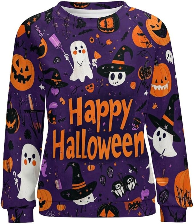 Halloween Sweatshirts for Women Funny and Spooky Print Crewneck Oversized Pullover Outdoor Lounge Fashion Sweater