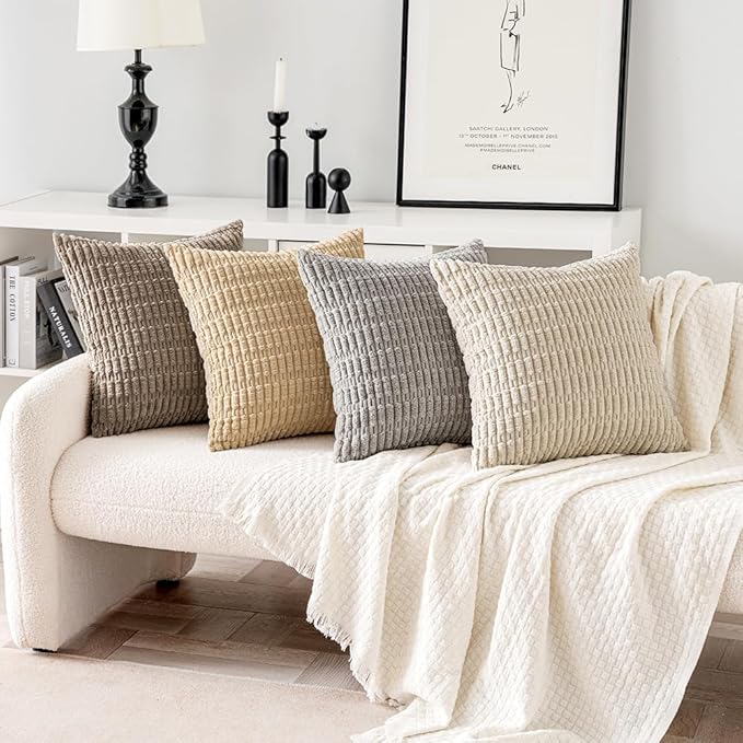 MIULEE Pack of 4 Neutral Decorative Throw Pillow Covers 12x12 Inch for Couch Sofa Living Room Bed Rustic Farmhouse Boho Corduroy Soft Striped Pillow Covers Home Decor