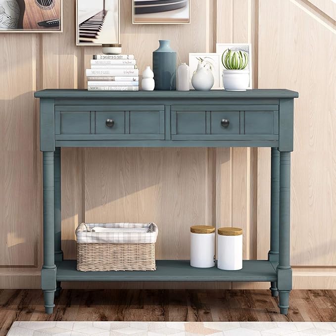 Knocbel 35.5 Inch Antique Entry Console Table with Drawers & Bottom Open Shelf, Solid Wood Sofa Couch Table for Entryway Hallway Living Room (Navy)