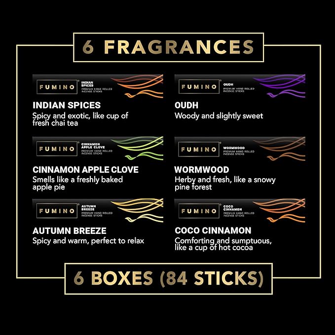 Incense Sticks Fumino Fresh Handmade Multipack Fireside & Frost Bundle 6 Boxes 84 Pieces (3oz) Masala Agarbatti Joss Scent Fragrance for Relaxation and Meditation, Home and House Decor