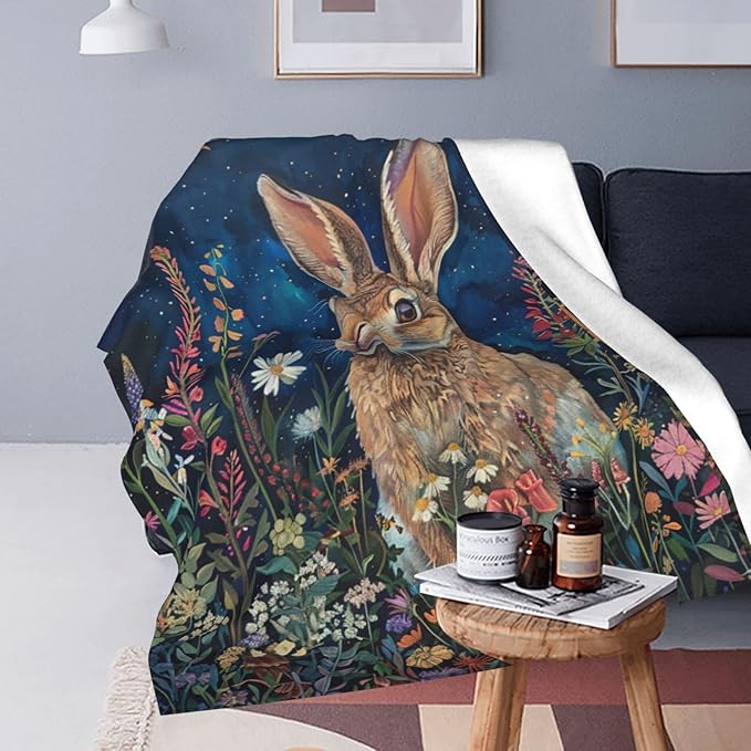 Bunny Throw Blanket Cute Rabbit Floral Decor Blanket Super Cozy Plush Lightweight Soft Plush Flannel Fleece Jungle Animal Forest Blanket Gifts for Girls Boys Kids Women Men for Sofa Bed Couch 60"X80"