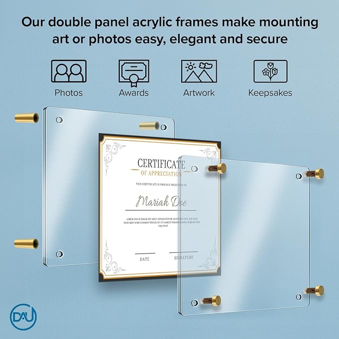 Acrylic Floating Frames Gold Standoffs (2-pack) 11" x 14" Clear Acrylic Frames for Wall Mount Floating Picture Frame, Diploma Poster Certificate Hanging Photo Display Degree Prints Artwork Documents