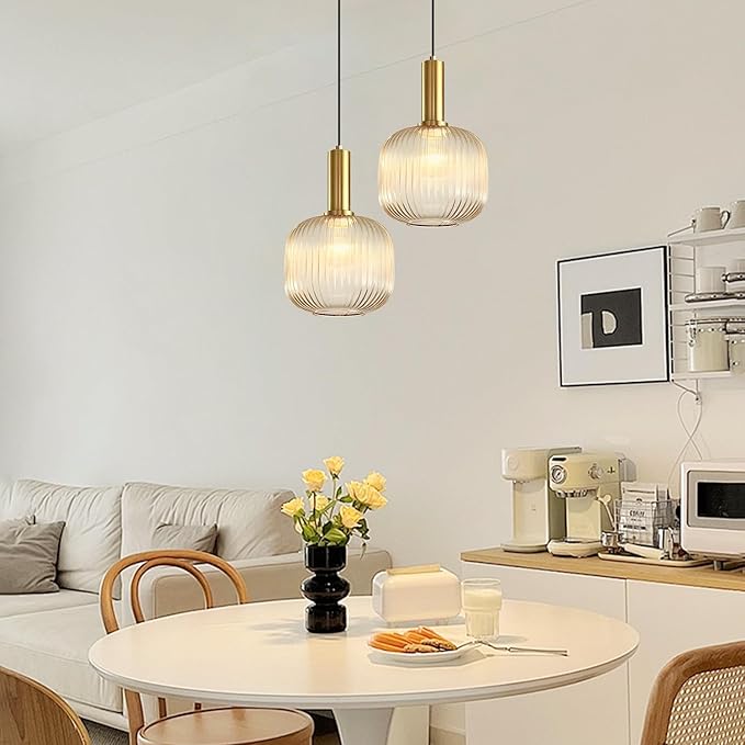 KCO Lighting Amber Glass Globe Pendant Light Mid Century Modern Kitchen Island Pendant Lighting Gold Single Pendant Light Fixture Vintage Brass Hanging Ceiling Light for Living Room Dining Room