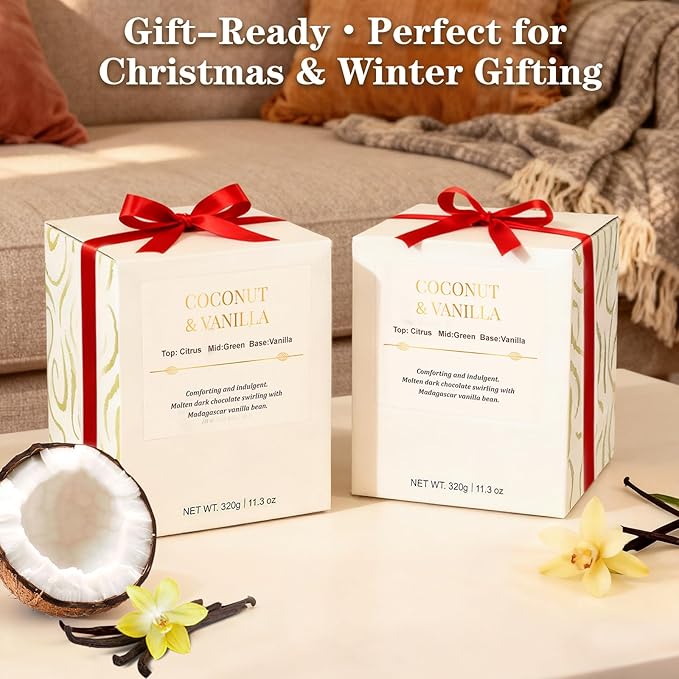 2 Pack Wood Wick Coconut & Vanilla Candle Gift Set – Long Lasting Soy Wax Candles with Gift Boxes, Holiday Aromatherapy Candles for Home Decor & Christmas Gifts