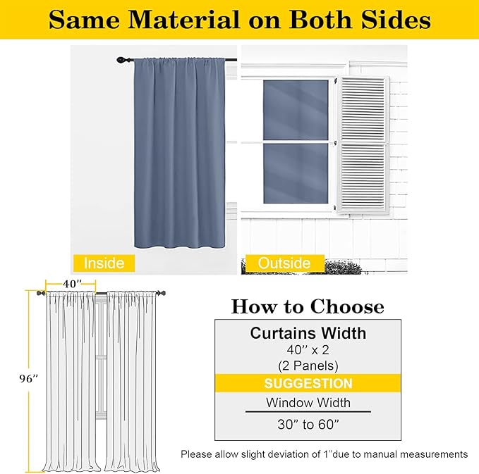 Denim Blackout Curtains for Bedroom Living Room 96 Inches Long 2 Panels, Soft Solid Room Darkening Thermal Insulated Window Treatments, Modern Rod Pocket Curtain, Denim, Each 40" Wx96 L