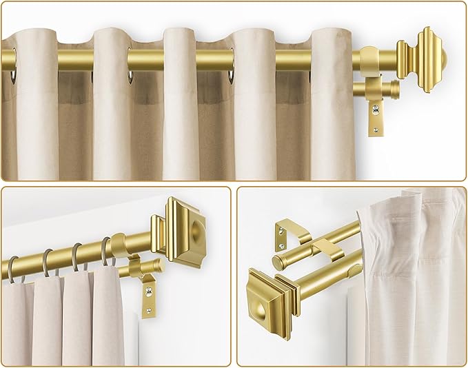 KAMANINA 1 Inch Double Curtain Rods 72 to 144 Inches (6-12 Feet) Telescoping Gold Curtain Rod for Windows 69 to 140 Inches, Long Drapery Rods with Square Finials