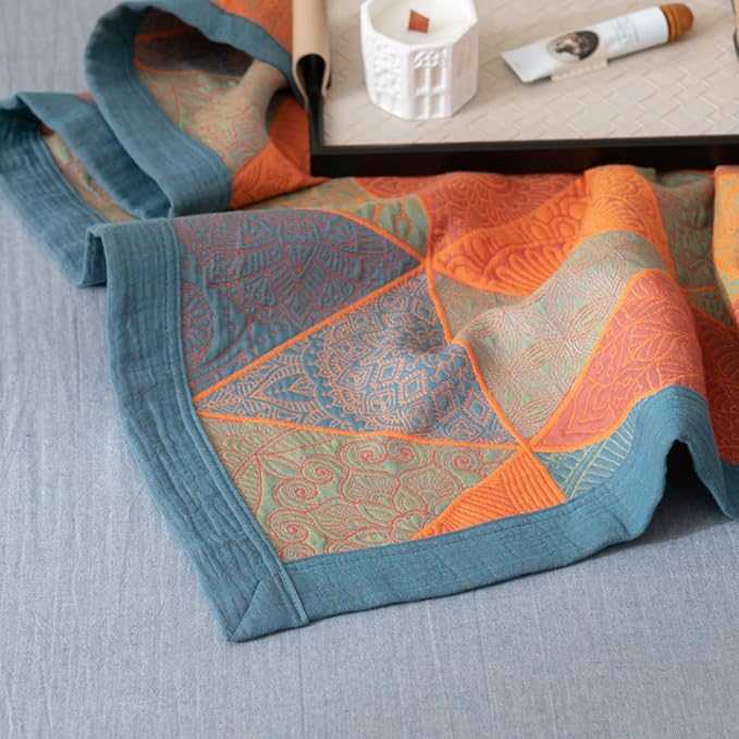 100% Cotton Muslin Blanket Jacquard Bohomian Mandala Triangle Print Quilt, Soft Bed Cover Reversible Bedspread Coverlet Breathable Lightweight Bedding Full/Queen(78"x94"), No Pillow Sham