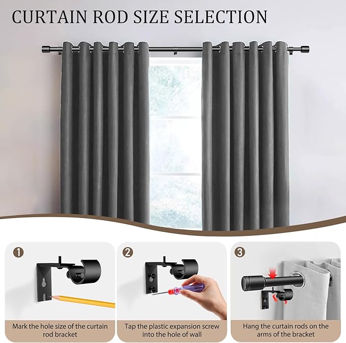 1” Diameter Black Curtain Rods for Windows, 2 Pack 30-120 Inch Heavy Duty Window Rods, Long Adjustable Curtain Rod, Fits Most Standard Windows, Suitable for Bedroom, Living Room, Farmhouse