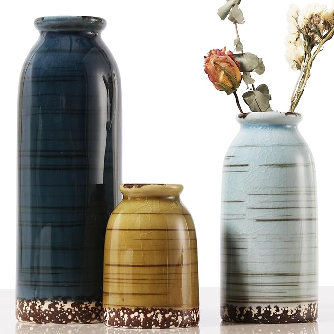 Ceramic Vase Set of 3 - Handcrafted Ceramic Vases for Home Decor & Shelf - Modern Farmhouse Decor for Kitchen, Office, Bedroom & Living Room Decorative Objects for Mantel, Table Centerpieces