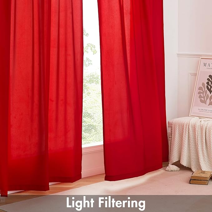 EMEMA Non-See-Through Sheer Curtains 72 Inches Long, Light Filtering Semi Privacy Sheer Curtains for Living Room Bedroom, Window Drapes That Let Light in, 52x72 Inch, 2 Panels, Red