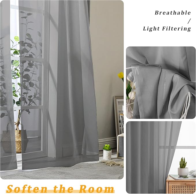 Gwine Charcoal Grey Sheer Curtains for Bedroom 54 inches Long 2 Panels, Light Filtering Voile Rod Pocket Curtains, Airy Transparent Sheer Drapes for Living Room, Each 42" Wx54 L