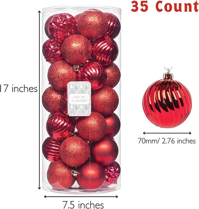 Every Day is Christmas Ornaments, Shatterproof Christmas Tree Ornament Set, Christmas Balls Decoration 35 Count (2.75"/70mm, New Red)