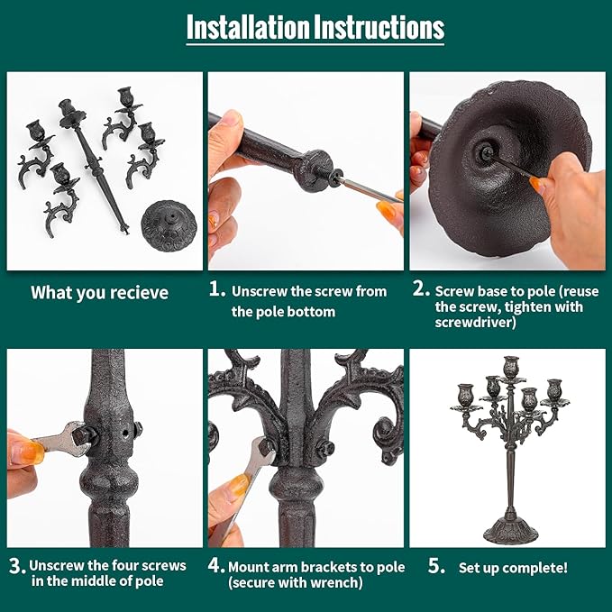 Sungmor Heavy Duty Cast Iron Candlestick Holders - Handcrafted Vintage Candelabra - 17Inch Tall & 5 Arms Candle Holders - Decorative Pillar Candle Stand for Christmas Birthday Wedding Home Party