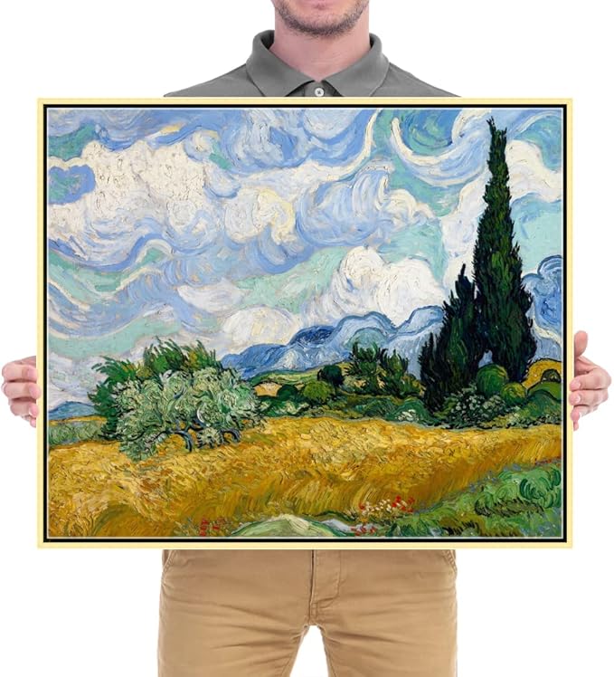 Wieco Art Framed Canvas Art Wheat Field with Cypresses by Van Gogh Impressionist Landscape oil Paintings Canvas Prints Artwork Wall Art for Living Room Home Office Decorations