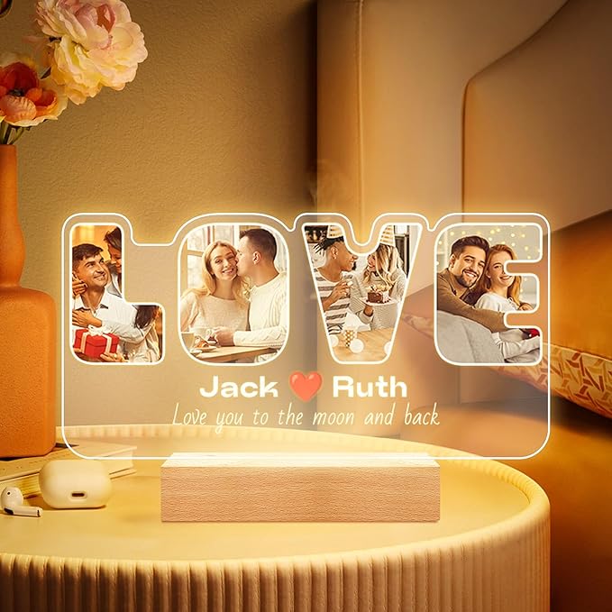 Custom Picture Frames with Photo, Personalized Photo Frame with Night Light, Customized Picture Frame, Personalized Christmas Anniversary Couples Gifts for Women Men Her Him Girlfriend Boyfriend