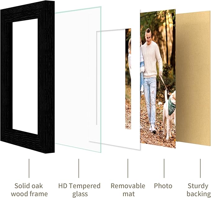 5x7 Picture Frame - 5 x 7 Photo Frame Made of Solid Oak Wood and Real Glass,Display Picture 4x6 with Mat or 5x7 Without Mat,5 by 7 Frames for Wall & Tabletop(Color Black)