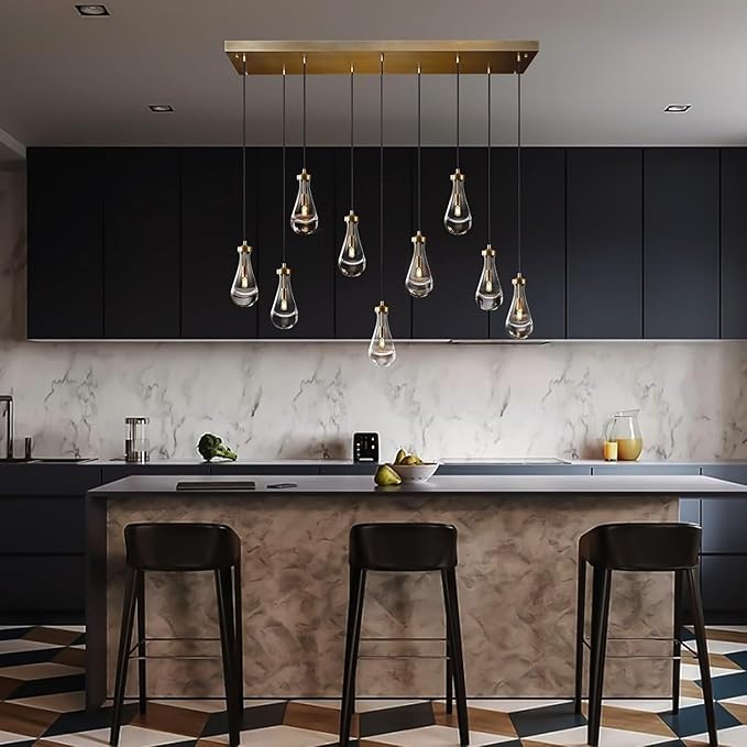 Raindrop 9-Light Chandelier, Modern Brass Teardrop Pendant Light Fixture for Dining Room, Kitchen Island Hanging Light, Adjustable Rope Gold Cluster Ceiling Lighting for Living Room & Entryway