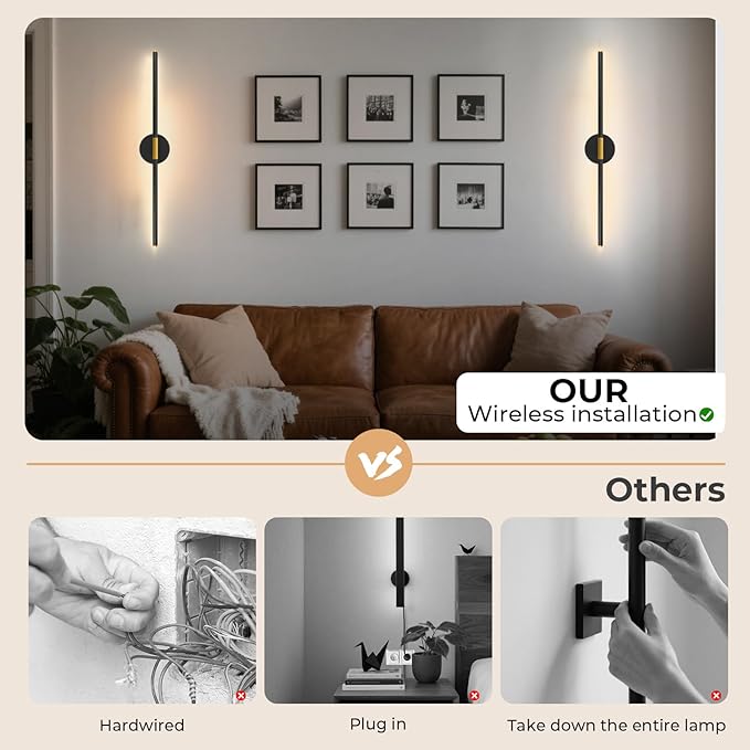 28" Battery Operated Wall Sconce, 360°Rotation Wireless Rechargeable Wall Lights with Remote Control, 3000K-6500K LED Detachable Wall Lamp for Bedroom, Hallway, Background Wall, Black Gold