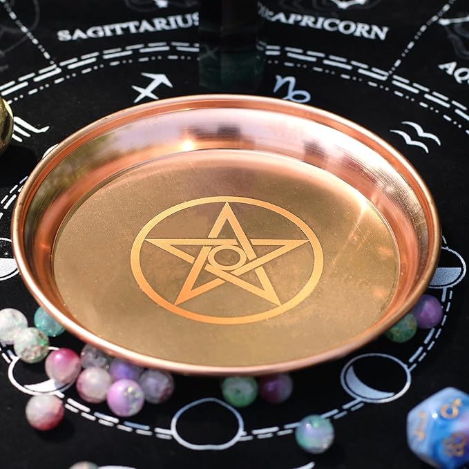 Copper Offering Bowl Prayer Ritual Plate Great for Witches,Altar,Incense Burner, smudging Bowl, Offering Dish,Candle Trays, Ash Catcher,Jewelry Dish(Pentagram)