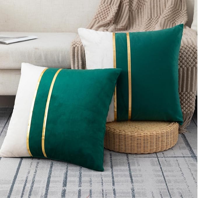 ZLINA Set of 2 Velvet Decorative Throw Pillow Covers Dark Green White Patchwork with Gold Leather Pillow Covers 24 × 24 Inch Cushion Covers Decor Living Room Sofa Bedroom Car