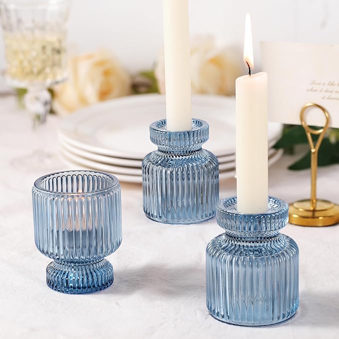 DARJEN 6 Pcs Blue Glass Candlestick Holders with Vertical Stripes - Irregular Shaped, Dual-Use for Taper Candles & Votive/Tea Lights, Candle Holders for Dining Table, Wedding, Party, Home, Gifts