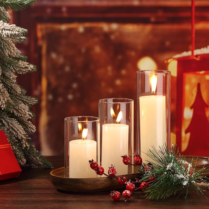 Shihanee Set of 6 Pillar Candles with Glass Cylinder Vases Clear Cylinder Hurricane Candleholders for Slim Tall Pillar Candles Wedding Thanksgiving Day Centerpieces(2.6'' X 4.7'', 5.9'', 7.9'',Ivory)