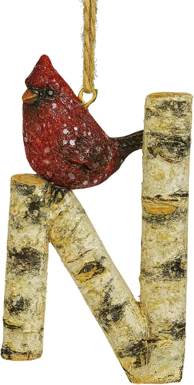 Rustic Cardinal Initial Letter Christmas Ornament – Birch Wood Look Hanging Alphabet Monogram Decoration for Holiday Tree & Winter Home Décor (N)