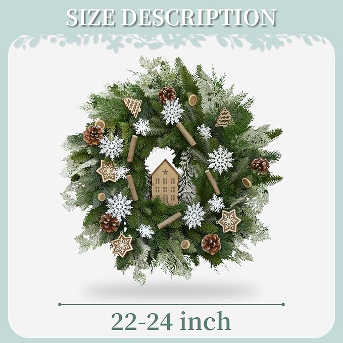 24" Winter Wreath with Wooden House Ornaments, Snowflakes, Deadwood Branches, and Pinecones—Christmas Wreaths, Indoor Outdoor Home Snow Scene Holiday Winter Door Wreath, Natural Forest Theme