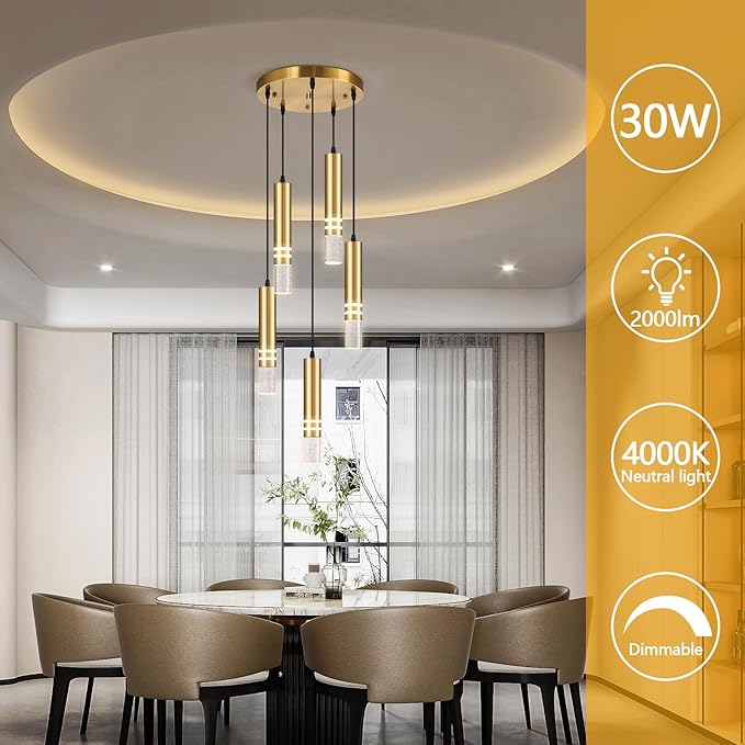 Pendant Lights Kitchen Island, Crystal Pendant Light Fixtures Mini 30W LED Modern Kitchen Pendant Lighting Over Sink and Living Room and Bedroom (Gold 5 Light)