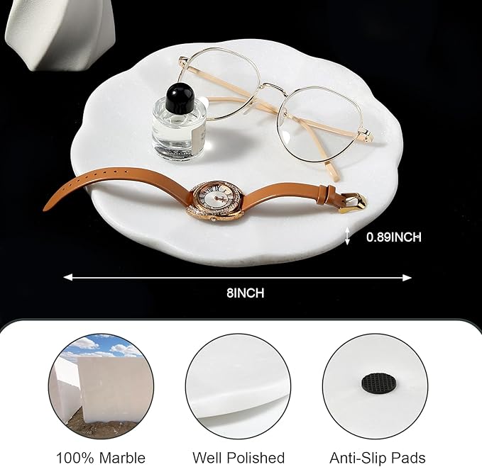 Koville Marble Tray, 8" Round Marble Vanity Tray for Jewelry Trinket Perfume, Natural Stone Tray for Bathroom Kitchen Dresser Countertop, Scalloped Decorative Tray for Home Table Decor(White)