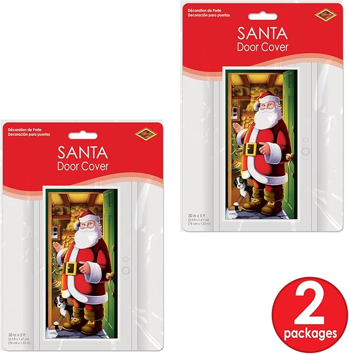 Beistle Santa Claus Door Covers, 5’ x 30”, 2 Pieces – Plastic for Indoor & Outdoor Use, St Nick Print – Easily Display – Christmas Party Decorations & Holiday Decor