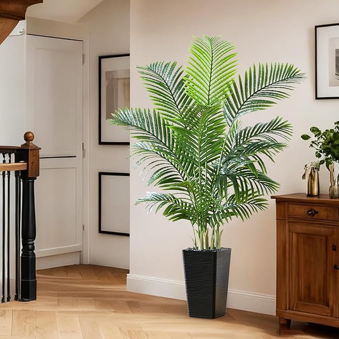 Artificial Palm Tree 5FT - Tall Fake Tree with Black Taper Planter & Pebbles, UV Resistant for Indoor & Outdoor, Large Potted Faux Plant, Tropical Areca Floor Plant for Living Room, Office, Home Decor