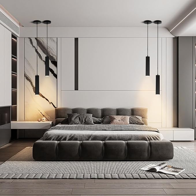 Modern Black Pendant Lights 2 Pack, LED Minimalist Pendant Lighting Fixture for Kitchen Island, Long Tube Hanging Light Cord Adjustable for Living Room Bedroom Dining Room Bar