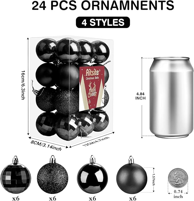 Aitsite 24ct Christmas Tree Ornaments Set 1.57 inches Mini Shatterproof Holiday Ornaments Balls for Christmas Decorations (Black)