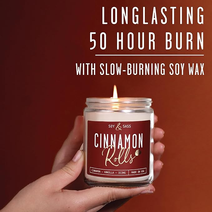Cinnamon Candle, Fall Candles, Christmas Candles - 'Cinnamon Rolls' Autumn Scented Soy Candle for Home, 9oz Reusable Jar, 50Hr Burn, Made in USA