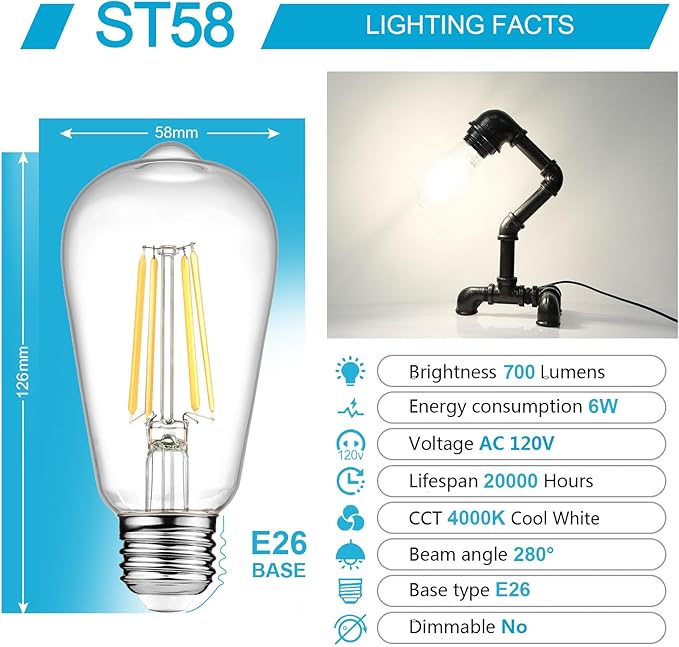 Ascher Vintage LED Edison Bulbs, 6W, Equivalent 60W, Non-Dimmable, High Brightness Cool White 4000K, ST58 Antique LED Filament Bulbs with 80+ CRI, E26 Medium Base, Clear Glass, Pack of 6