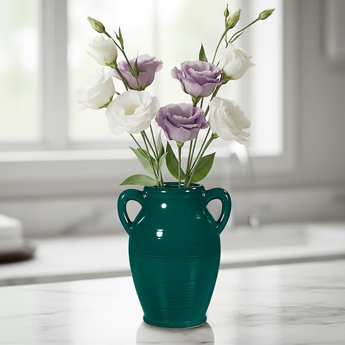 Sunddo Modern Ceramic Vase for Decor - 8 Inch Green Decorative Vase with 2 Handles, Pampas Grass Vases for Centerpieces, Living Room,Table Dining, Mantle, Console, Kitchen Decor